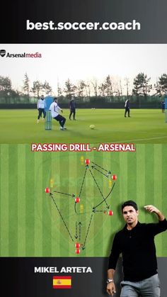 a man standing in front of a soccer field with the words passing drill - arsenal