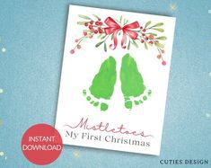 a christmas card with two green mittens on it and the words, my first christmas