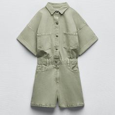 Zara Short Denim Jumpsuit In Light Khaki Size M Never Worn Denim Playsuit, Collar Jumpsuit, Zara Jumpsuit, Green Jumpsuit, Zara Shorts, Short Denim, Womens Playsuits, Zara Pants, Denim Jumpsuit