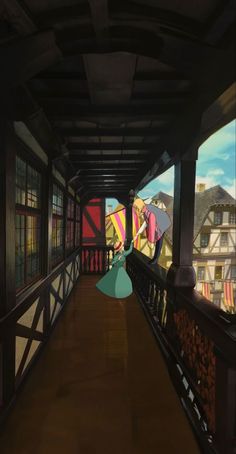 an animated image of a long hallway with colorful kites hanging from the ceiling and windows