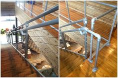 there are two pictures of stairs made out of wood and metal bars on the floor