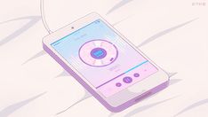 an illustration of a cell phone sitting on top of a white bed with pink and blue colors