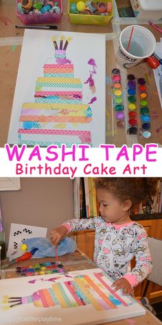 a collage of photos showing children making birthday cake art with washi tape on the table