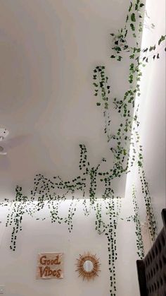 the ceiling is covered with vines and plants in an office space that has been painted white