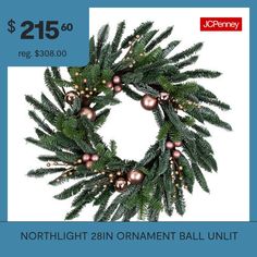 a christmas wreath with ornaments on it and the words, $ 25 00 reg $ 30 00