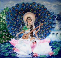 a painting of a woman sitting on top of a white swan with a guitar in her lap