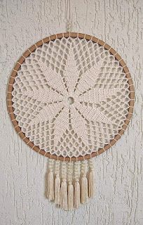 a crocheted doily hanging on the wall with tassels and beads