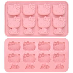 an ice tray with hello kitty design on the front and side, in pink plastic