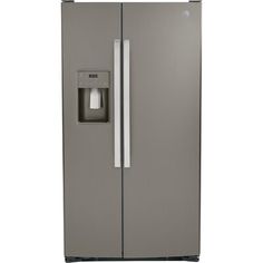 the side by side refrigerator is shown with its door open and water dispenser