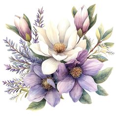 a watercolor painting of purple and white flowers