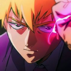 an anime character with yellow hair and purple eyes