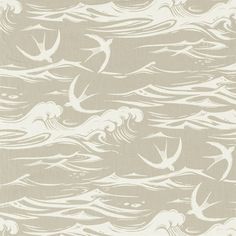 a wallpaper with birds flying over the ocean and waves in grey, on a white background