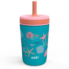 the sippy cup has an orange lid and is decorated with colorful sea life on it