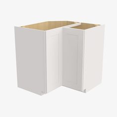 a white cabinet with two doors open on a white background and no one in it