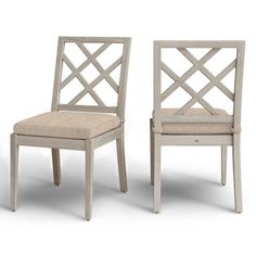 two wooden chairs with beige upholstered seats and backrests, side by side