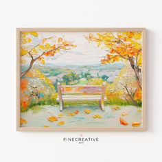 a painting of a park bench in the fall