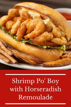 shrimp po'boy with horseradish remoulade on a white plate