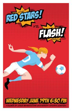 a poster with a woman kicking a soccer ball