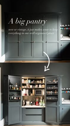 an open pantry with lots of bottles and spices in the cupboards next to it