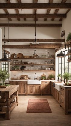 a rustic kitchen with wooden cabinets and open shelving above the sink is filled with potted plants