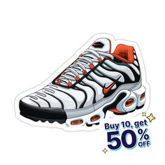 a white and orange shoe with the words buy 10 get 50 % off on it