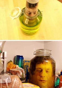 two pictures one has a jar and the other has a face on it with food in it