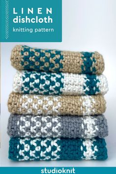 four crocheted dishcloths stacked on top of each other with the text line n dishcloth knitting pattern