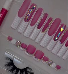 Baddie Press On Nails, 5xl Nails, Press On Ideas, Extra Long Nail Ideas, Bling Press On Nails, Birthday Press On Nails, Cardi B Pink Nails, Long Pink Acrylic Nails With Diamonds, Pink Glam Nails