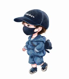 a drawing of a young boy wearing a baseball cap and blue jacket with the word on it