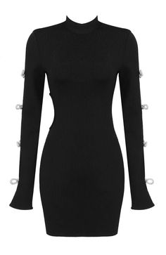 Long Sleeve Embellished Ribbed Dress Black DESIGN: Color: Black Mock neck Long sleeves Ribbed fabric Cut-out detail Embellished with rhinestones Concealed zipper at back Gentle Dry Clean Only Length: Mini. Above knee MATERIAL: 90% Rayon + 9% Nylon + 1% Spandex Top quality rayon: anti-wrinkle, brighter colors. High quality durable bandage fabric. High elasticity for a better fit. Delicate sewing and hemming by durable needle lockstitch machine. YKK zipper (known as the most durable and reliable zippers manufactured today). To maintain the beauty of your garment, please follow the care instructions on the attached label. Color may vary due to lighting on images. The product images (without model) are closest to the true color of the item.     * Order one size up for a relaxed Club Dresses Black, Bow Mini Dress, Celebrity Party, Black Mock Neck, Wrap Mini Dress, Hugging Silhouette, Ribbed Dress, Mini Robes, Backless Design