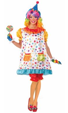 a woman in clown costume holding a lollipop and wearing a hat with the words, buy it now only $ 19 71