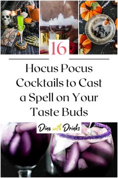 Collage of 4 hocus pocus cocktails. Sourpuss Cocktails, Hocus Pocus Themed Cocktails, Hocus Pocus Mocktail, Hocus Pocus Cocktails Recipes, Hocus Pocus Drinks For Adults, Hocus Pocus Punch Alcoholic, Hocus Pocus Alcoholic Drinks, Hocus Pocus Themed Drinks, Hocus Pocus Drinks For Kids