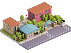 an illustration of a pink building with trees and bushes around it on a white background