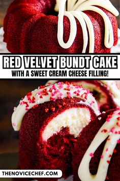 red velvet bundt cake with a sweet cream cheese filling