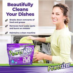 a woman holding a bag of power zero laundry deterant in front of a dishwasher