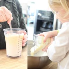 two pictures one shows a child and the other shows an adult mixing ingredients in a blender