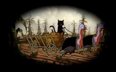 two turkeys are pulling a wagon full of pumpkins and a black cat is in the background