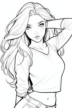 a drawing of a girl with long hair wearing a shirt and jeans, she has her hand on her head