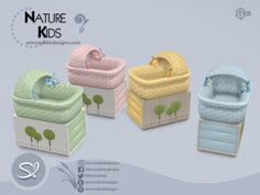 three baby cribs in different colors and sizes