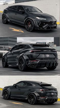 the black sports car is shown in three different angles and looks like it's going to