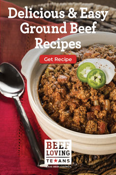 the cover of delicious and easy ground beef recipes, with a spoon in front of it