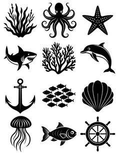 various sea animals and marine life silhouettes