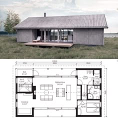 the floor plan for a small cabin with an open living area, and a second story bedroom