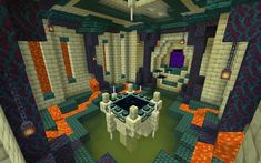 a room in a minecraft house that has been decorated with orange and blue tiles