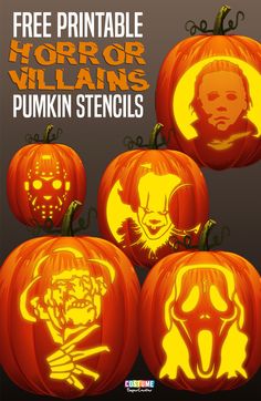 four pumpkins with faces carved into them and the words, free printable horror villain pumpkin stencils