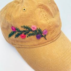 100% Cotton One Size Fits Most Embroidered Hat With Adjustable Back Buckle. Makes A Great Gift Or A Fun Accessory! Description: Mustard Yellow Hand Embroidered Hat With Green, Coral, Purple, And Pink Cotton Embroidery Thread. These Are Not Made By Machine, Rather By Hand, So Small Imperfections May Occur. Cotton Twill, Low Profile Style. The Hat Circumference Section Is 22"-24". Adjustable Metal Buckle In Back. Recommended Hand Wash Cold And Hang Dry. Let Me Know If You Have Any Questions Before Embroidery Hats Baseball Caps, Yellow Baseball Cap, Embroidery Hats, Floral Hat, Hat Embroidery, Embroidered Hat, Hat Handmade, Embroidered Caps, Cotton Embroidery