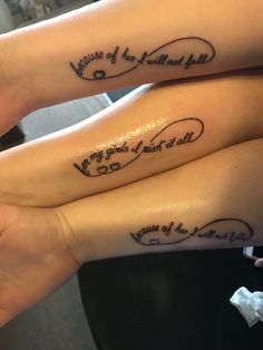 two girls with matching tattoos on their arms saying, i love you so much and always