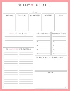 the printable weekly planner is shown on a pink and white background with text that reads,