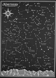 a black and white poster with the stars in the night sky on it's side