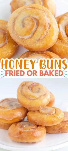 honey buns fried or baked on a white plate with text overlay that reads, honey buns fried or baked